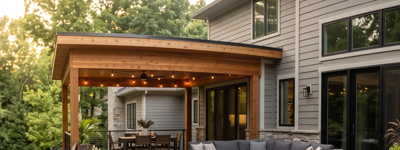 Completed covered deck with cedar pergola roof and string lights in Northeast Ohio